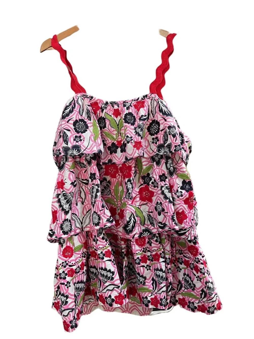 Maeve Pink Floral Tiered Mini Dress with Red Straps - Picture 5 of 6